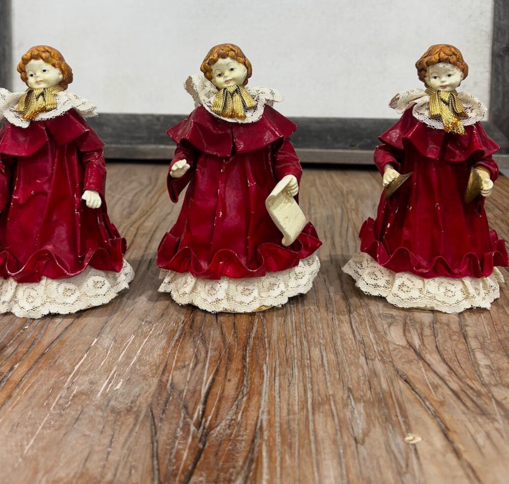 Vintage Dept 56 Set of 3 Christmas Caroler Dolls Red Lace Philippines